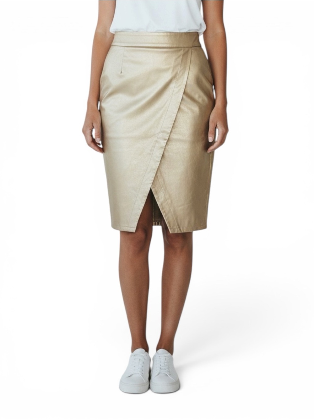 Wrap-Front Metallic Pencil Skirt in Gold
